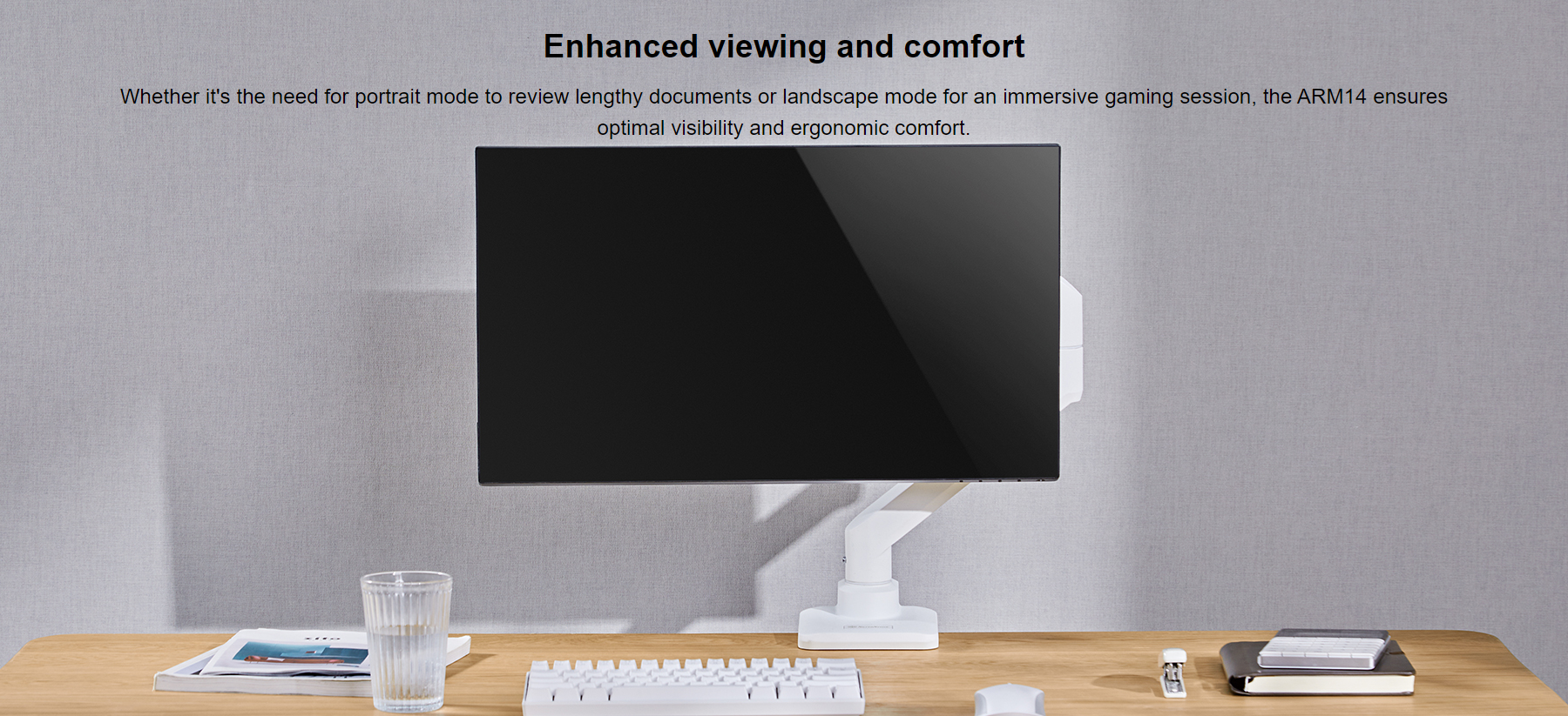 A large marketing image providing additional information about the product SilverStone ARM14 Single Monitor Arm - White - Additional alt info not provided